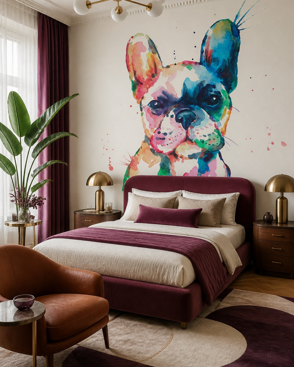 Watercolor french bulldog wallpaper in a designer bedroom.
