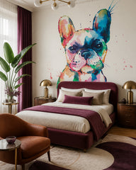 Watercolor french bulldog wallpaper in a designer bedroom.