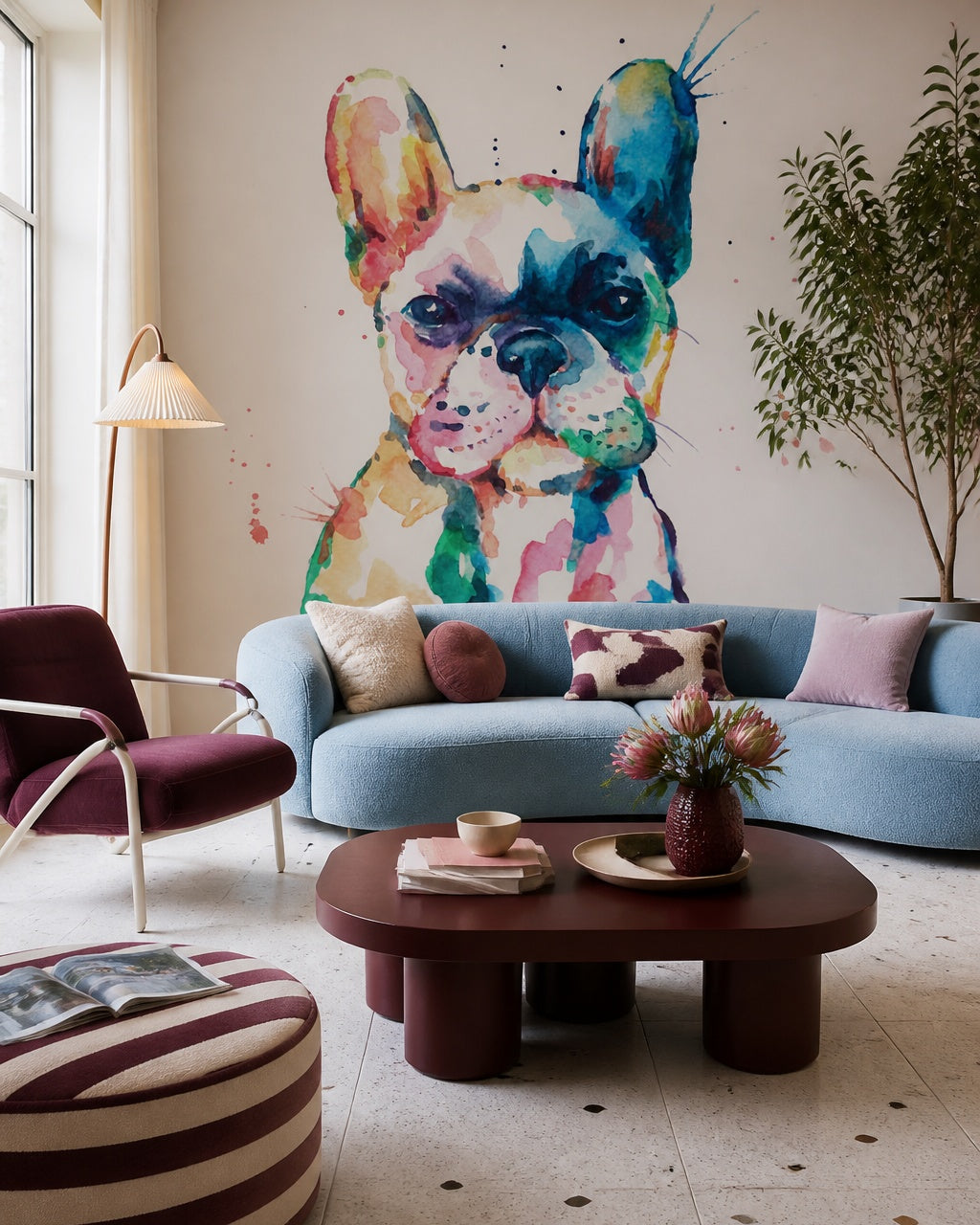 Watercolor french bulldog wallpaper in a designer living room.