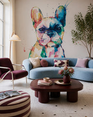 Watercolor french bulldog wallpaper in a designer living room.