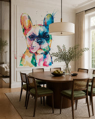 Watercolor french bulldog wallpaper in a refined dining area.
