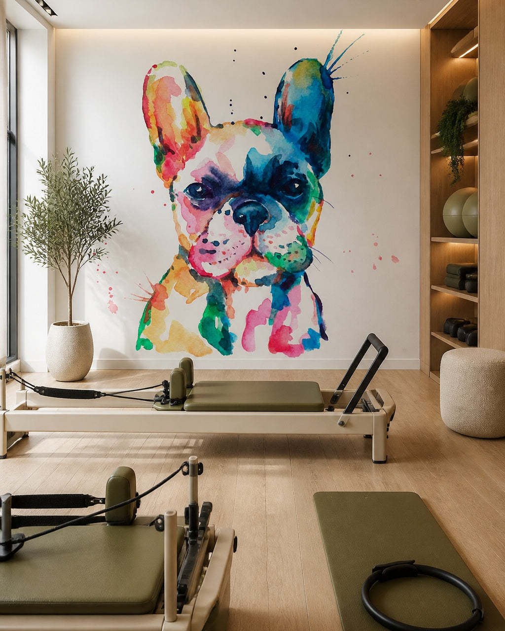 Watercolor french bulldog wallpaper in a fitness studio.