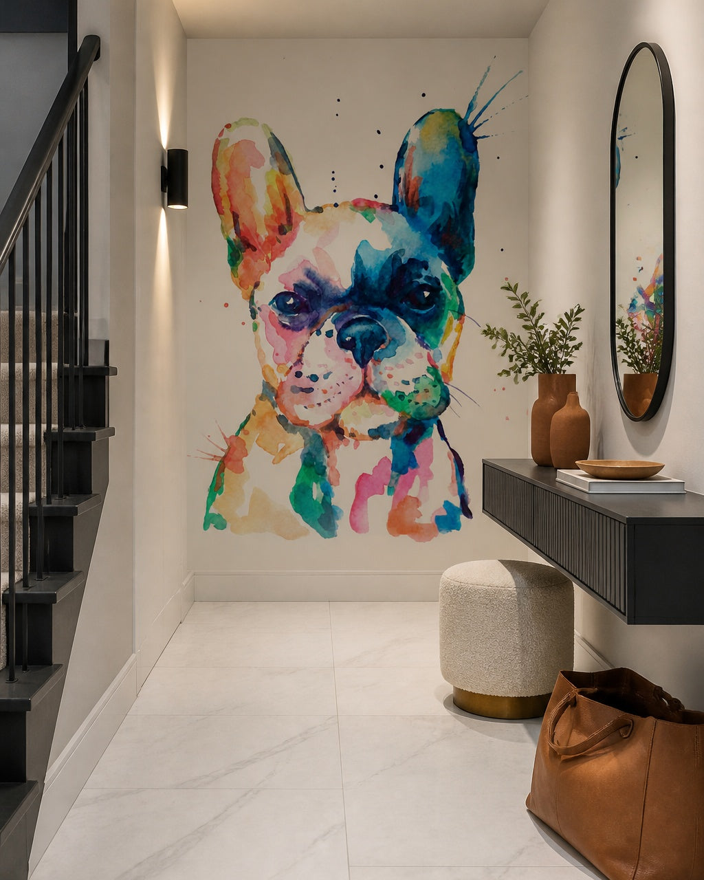 Watercolor french bulldog wallpaper in a designer entrance hall.