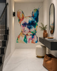 Watercolor french bulldog wallpaper in a designer entrance hall.