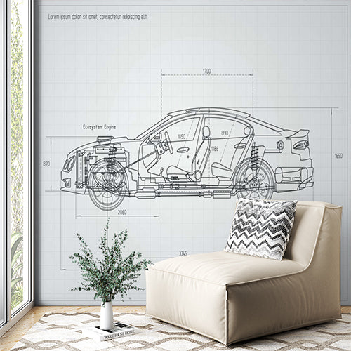 Technical Blueprint Drawing of Modern Car Wall Murals