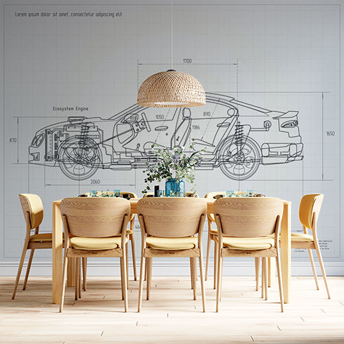 Technical Blueprint Drawing of Modern Car Wall Murals