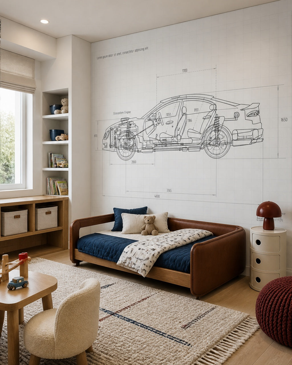 Car blueprint wallpaper in a toddler bedroom with a child-sized bed.