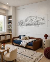 Car blueprint wallpaper in a toddler bedroom with a child-sized bed.
