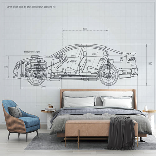 Technical Blueprint Drawing of Modern Car Wall Murals