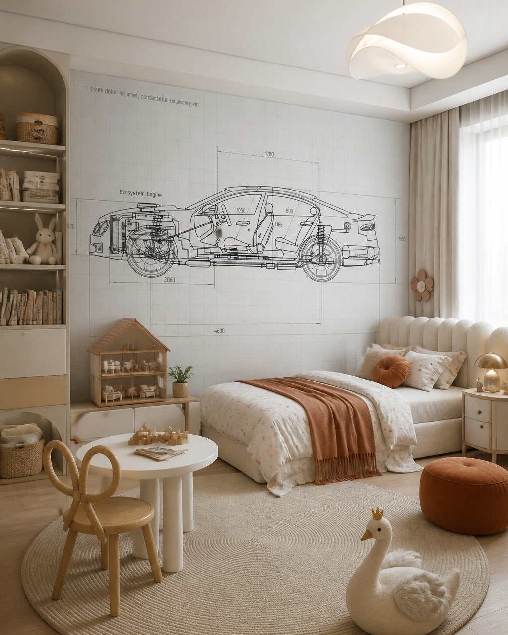 Car blueprint wallpaper in a girl’s bedroom.