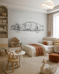 Car blueprint wallpaper in a girl’s bedroom.