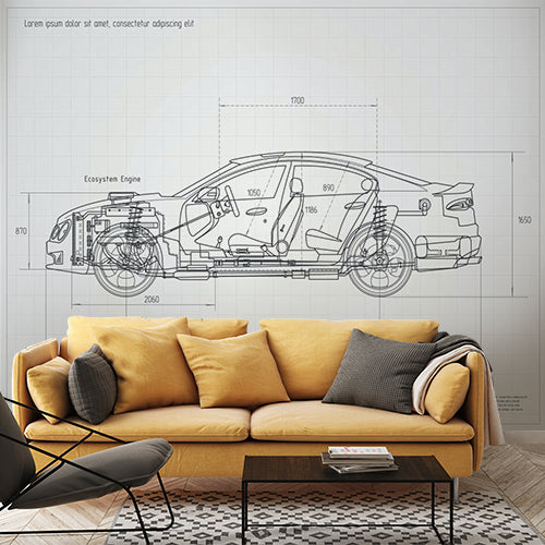 Technical Blueprint Drawing of Modern Car Wall Murals