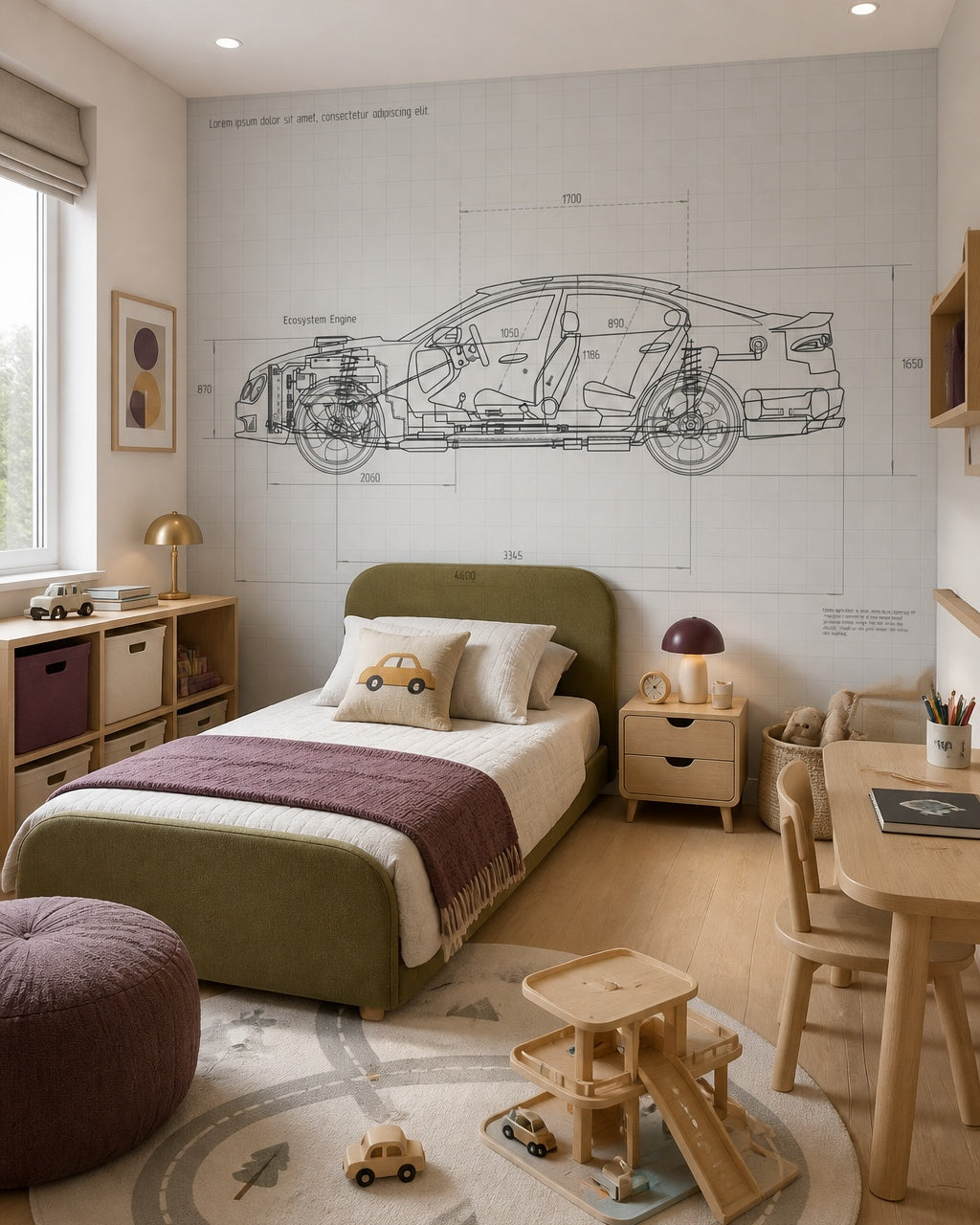 Car blueprint wallpaper in a boy’s bedroom.
