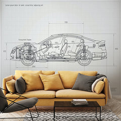 Custom Technical Blueprint Drawing of Modern Car Wall Murals