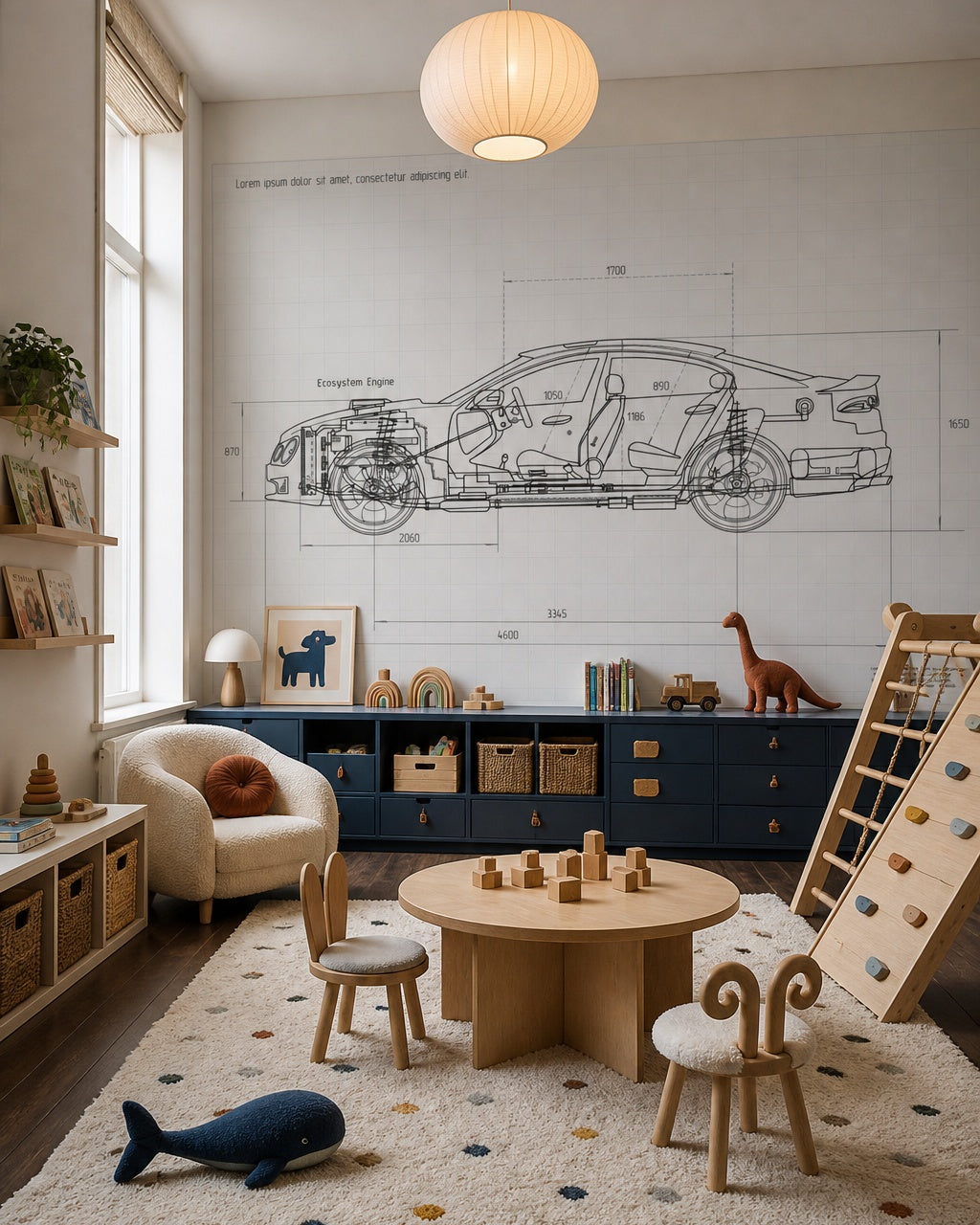 Car blueprint wallpaper in a children’s playroom.
