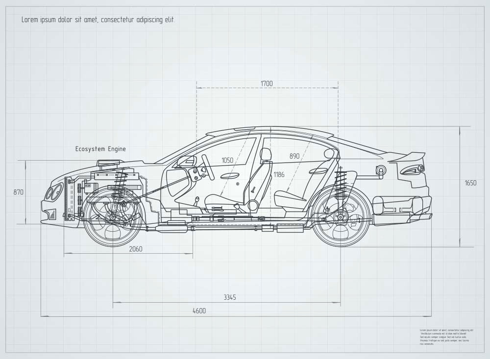 Car Blueprint Wallpaper – Technical Drawing of Modern Car Wall Mural