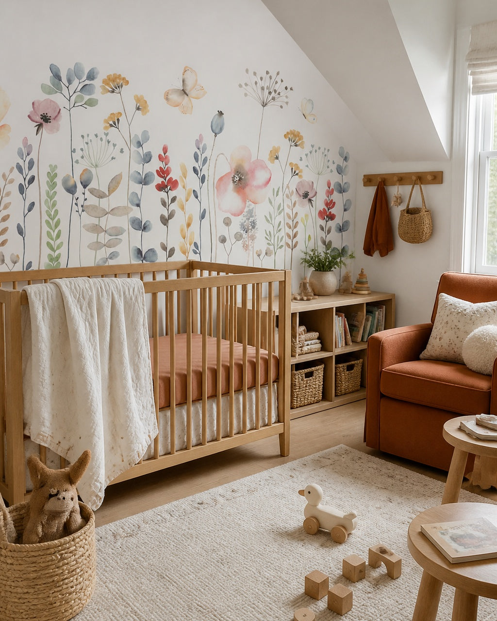 Watercolor wildflowers wallpaper in a modern nursery with a crib.
