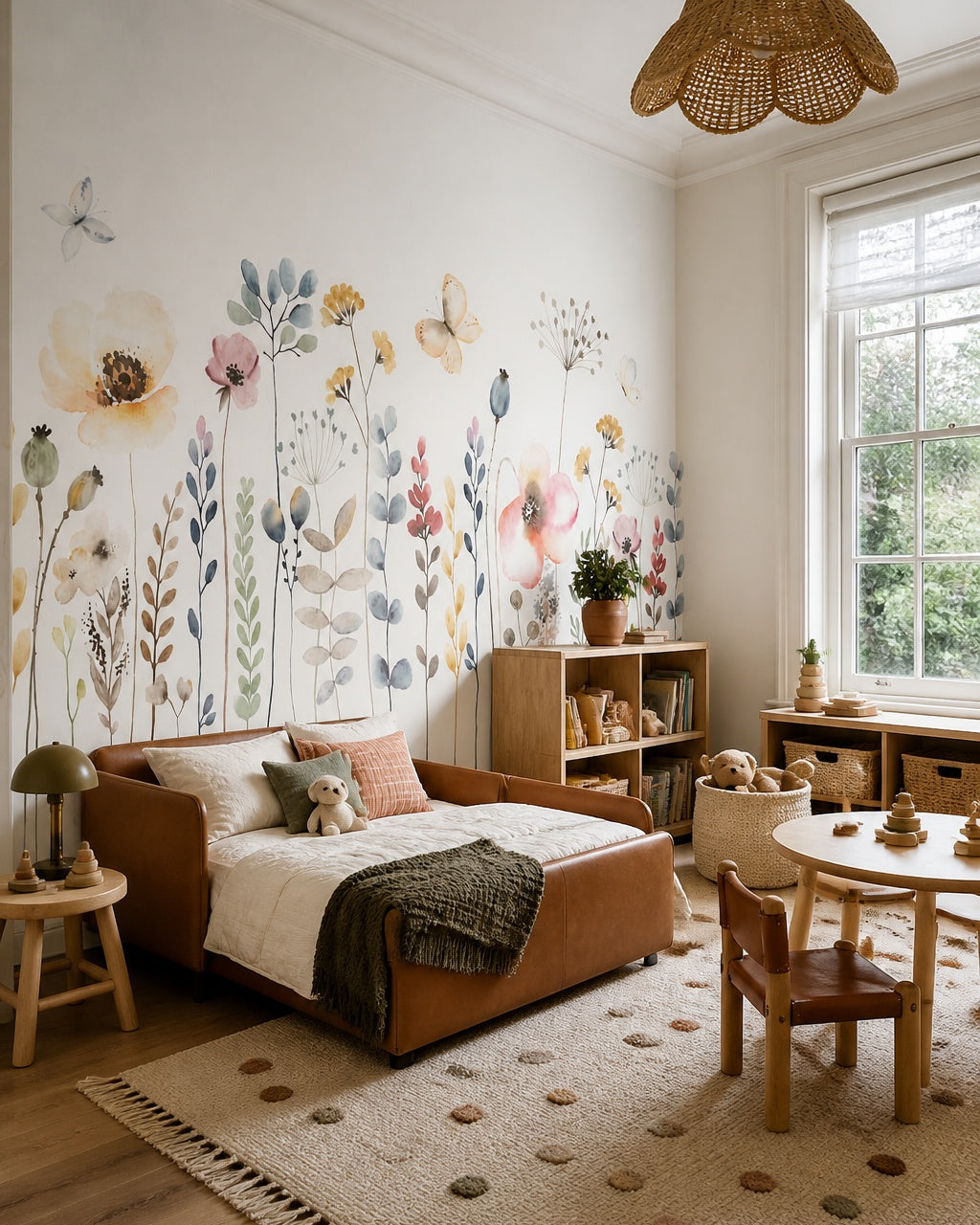 Watercolor wildflowers wallpaper in a toddler bedroom with a child-sized bed.