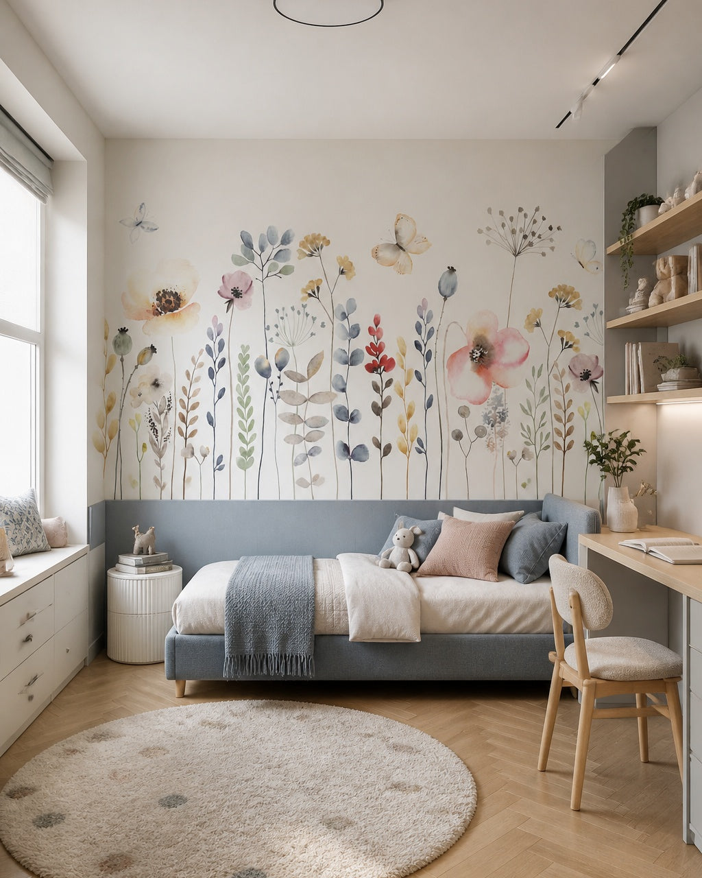 Watercolor wildflowers wallpaper in a girl’s bedroom.