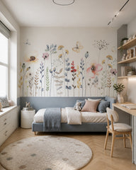 Watercolor wildflowers wallpaper in a girl’s bedroom.