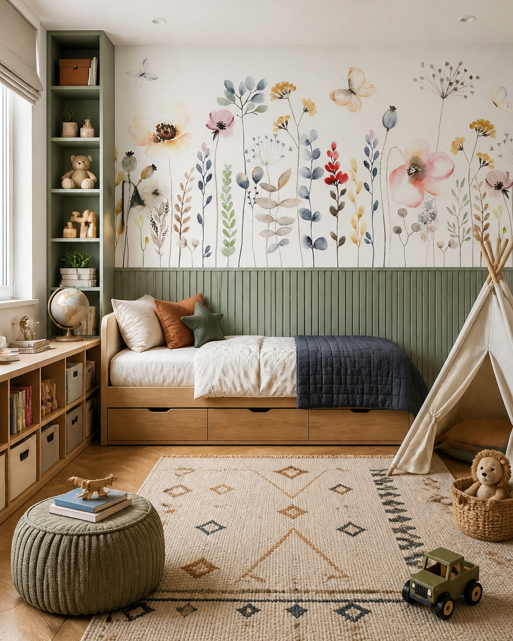 Watercolor wildflowers wallpaper in a boy’s bedroom.