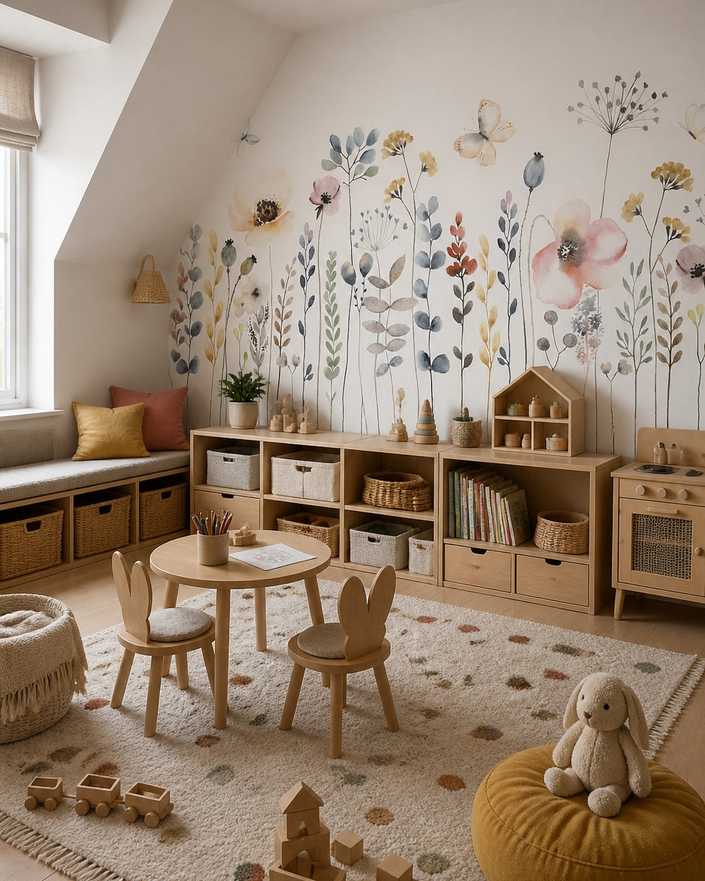 Watercolor wildflowers wallpaper in a children’s playroom.