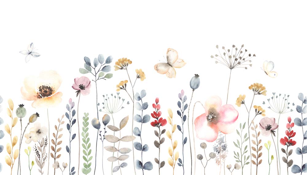 Papier peint fleurs sauvages à l’aquarelle – Papier peint panoramique papillons et fleurs des champs