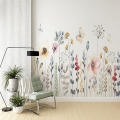 Custom Watercolor Floral Mural Wallpaper - Delicate Wildflowers and Butterflies Design