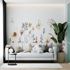 Custom Watercolor Floral Mural Wallpaper - Delicate Wildflowers and Butterflies Design