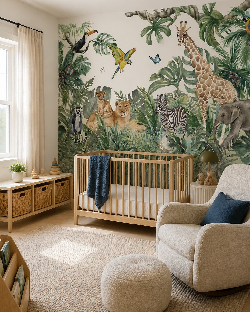 Watercolor safari wallpaper in a modern nursery with a crib.