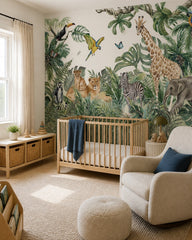Watercolor safari wallpaper in a modern nursery with a crib.