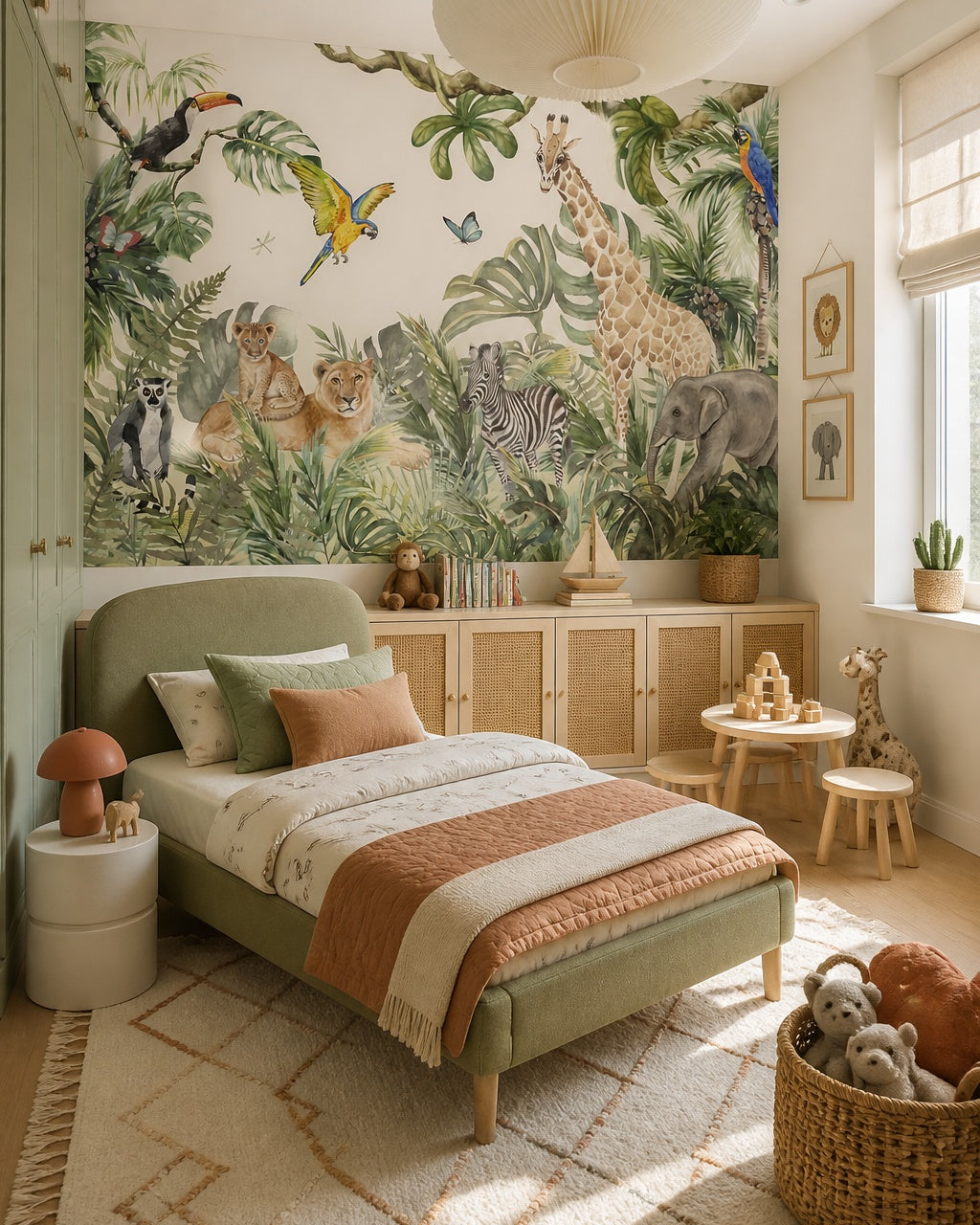 Watercolor safari wallpaper in a toddler bedroom with a child-sized bed.