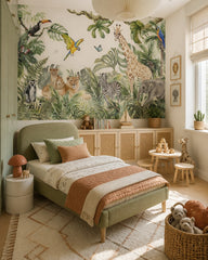 Watercolor safari wallpaper in a toddler bedroom with a child-sized bed.
