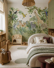 Watercolor safari wallpaper in a girl’s bedroom.
