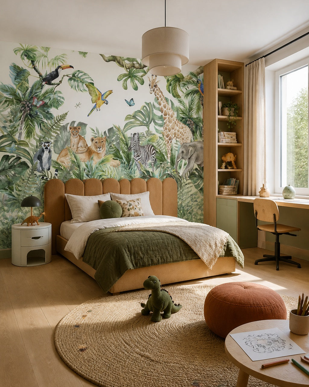 Watercolor safari wallpaper in a boy’s bedroom.