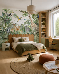 Watercolor safari wallpaper in a boy’s bedroom.