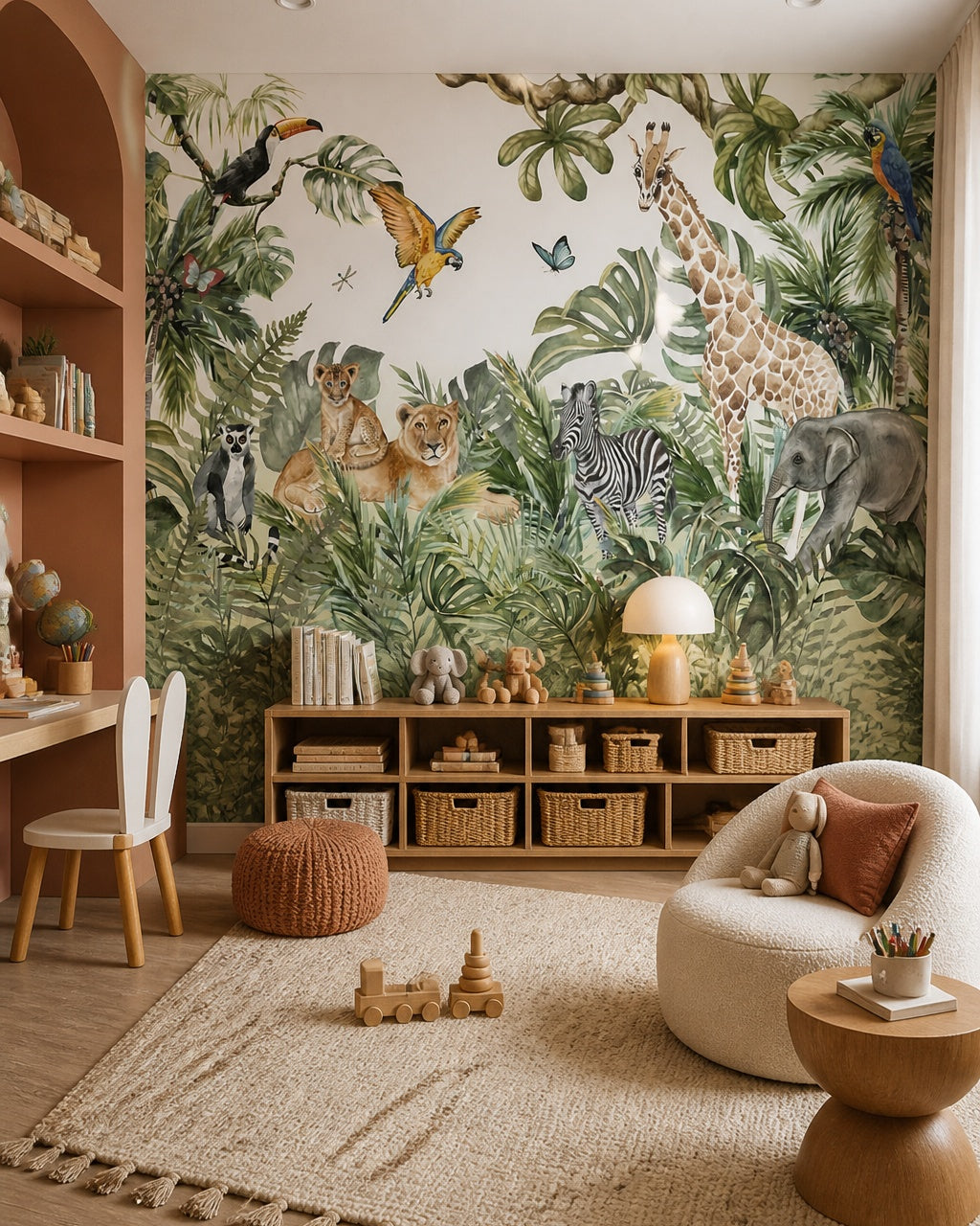 Watercolor safari wallpaper in a children’s playroom.