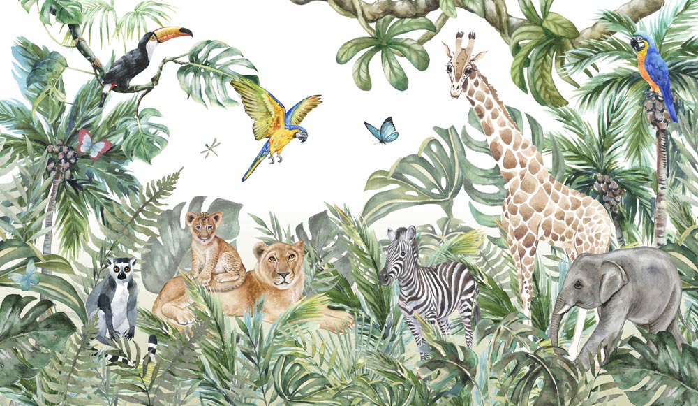 Aquarell-Safari-Tapete – Fototapete mit Giraffe, Löwe und Zebra