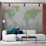 Eco-Friendly World Map Wall Mural Wallpaper with Green and Gray Forest Theme