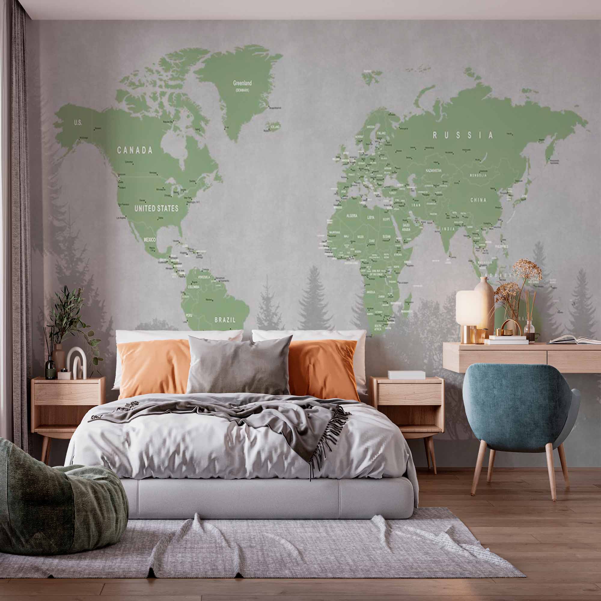 Eco-Friendly World Map Wall Mural Wallpaper with Green and Gray Forest Theme