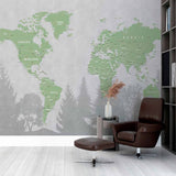 Eco-Friendly World Map Wall Mural Wallpaper with Green and Gray Forest Theme