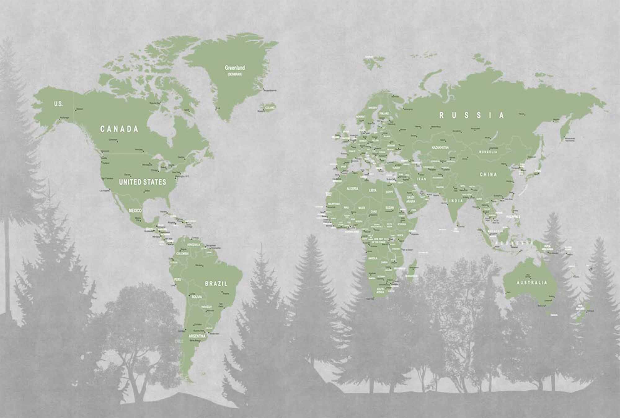 Eco-Friendly World Map Wall Mural Wallpaper with Green and Gray Forest Theme