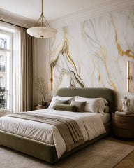 White gold marble wallpaper in a designer bedroom.