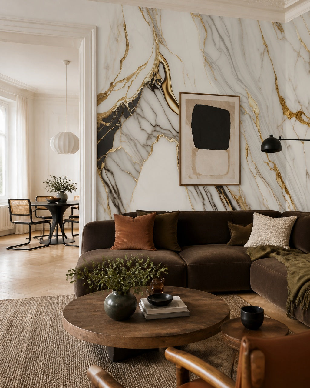 White gold marble wallpaper in a designer living room.
