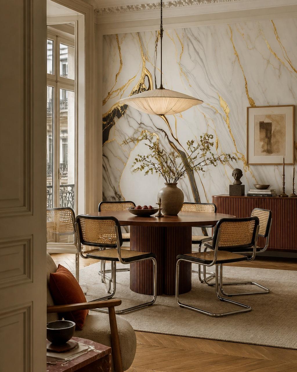 White gold marble wallpaper in a refined dining area.