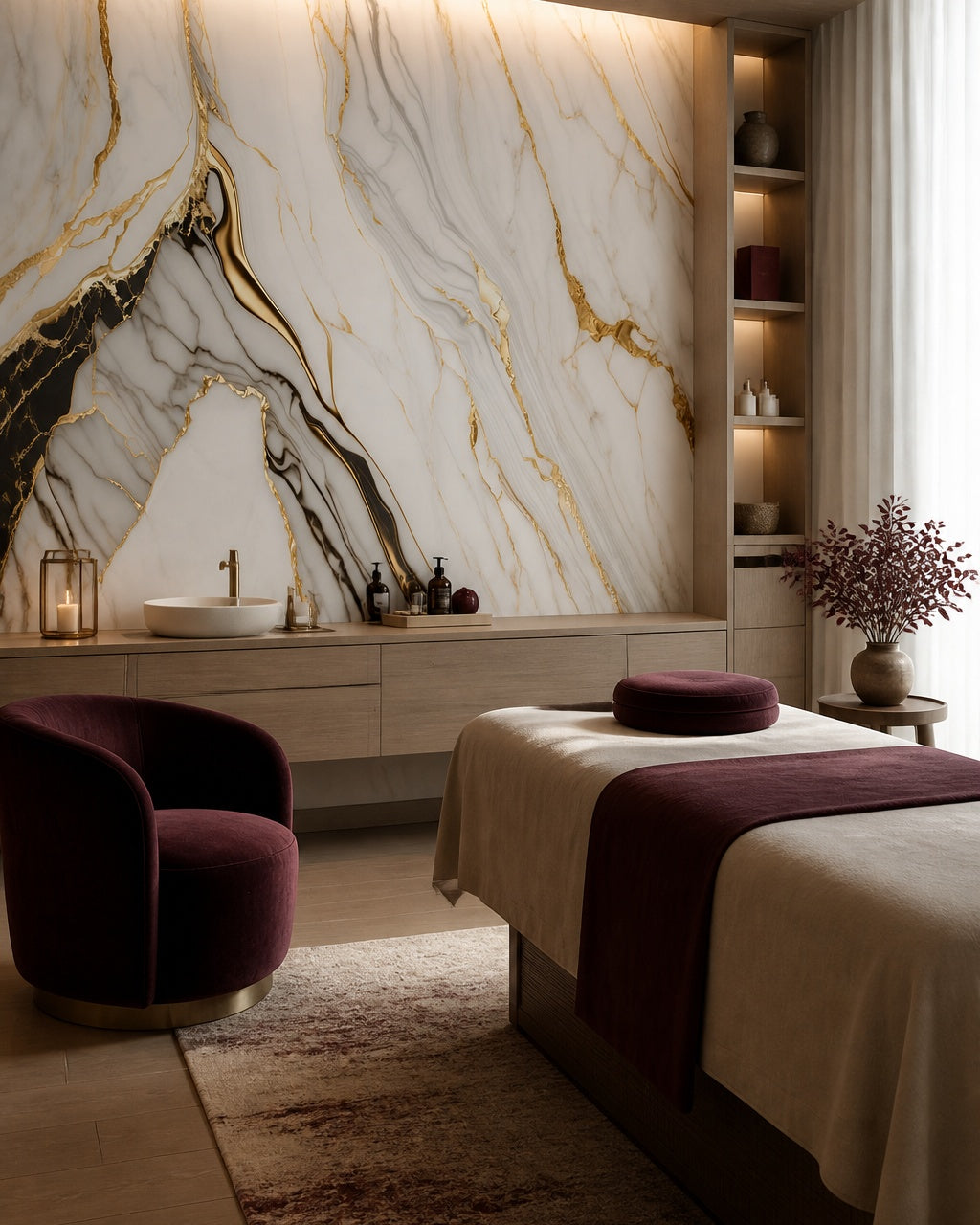 White gold marble wallpaper in a wellness spa.
