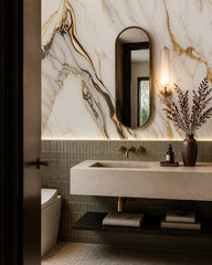 White gold marble wallpaper in an elegant powder room.