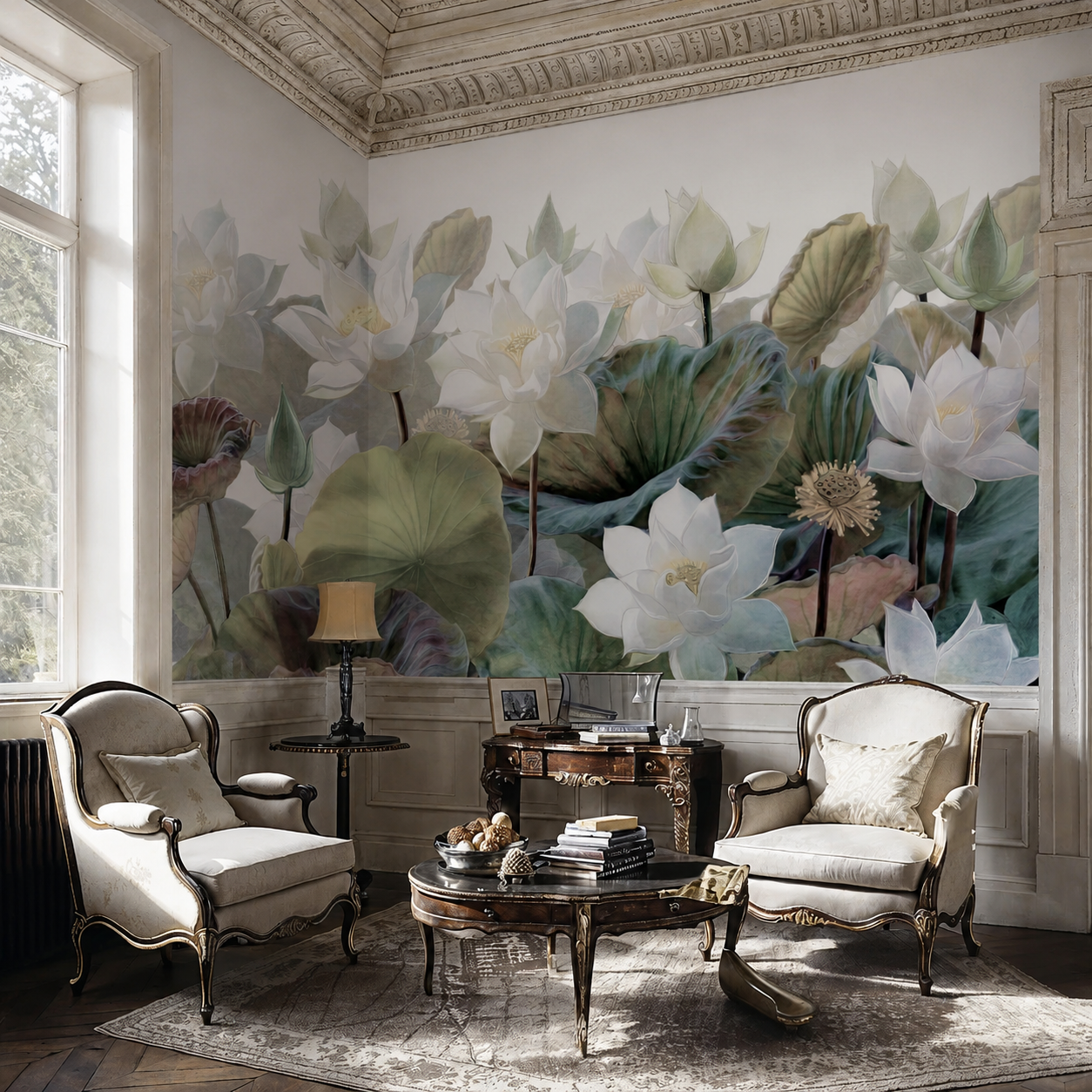 White lotus flower wallpaper in a classic living room with vintage armchairs.