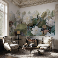 White lotus flower wallpaper in a classic living room with vintage armchairs.