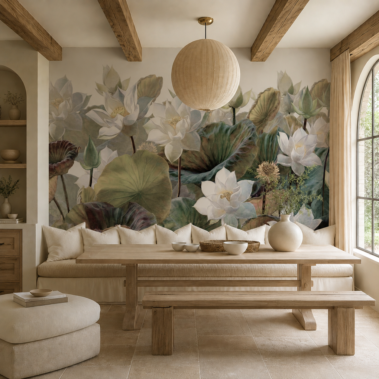 White lotus flower wallpaper in a dining nook with wooden table and bench.